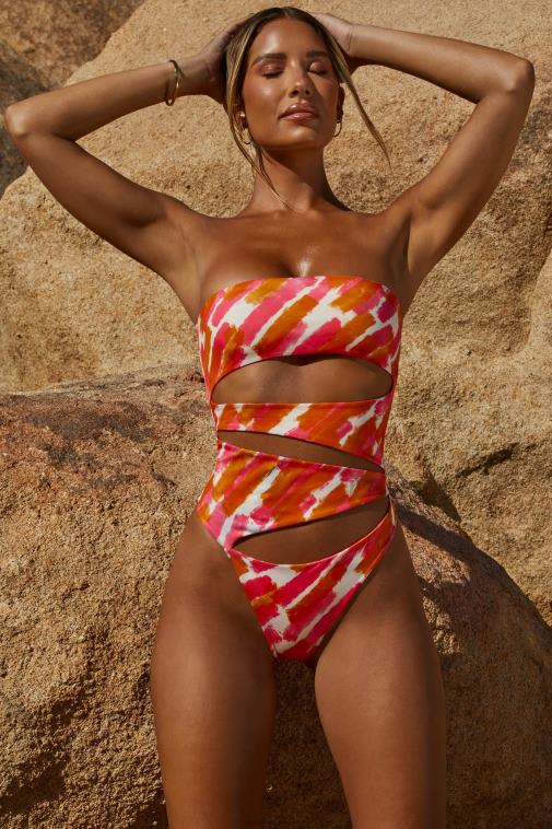 nők Oh Polly rózsaszín nyomat hydra kivágott pánt nélküli tanga egy darabból 6F8P8895