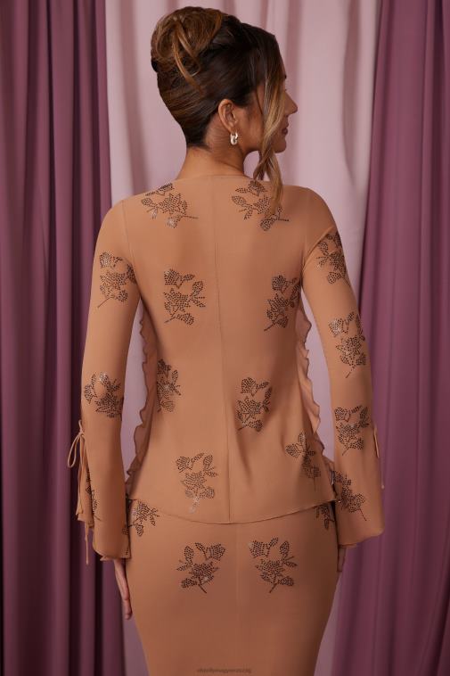 nők Oh Polly bézs amaranthe hosszú ujjú megkötős elöl felső 6F8P8615