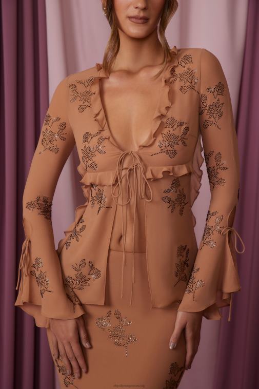 nők Oh Polly bézs amaranthe hosszú ujjú megkötős elöl felső 6F8P8615