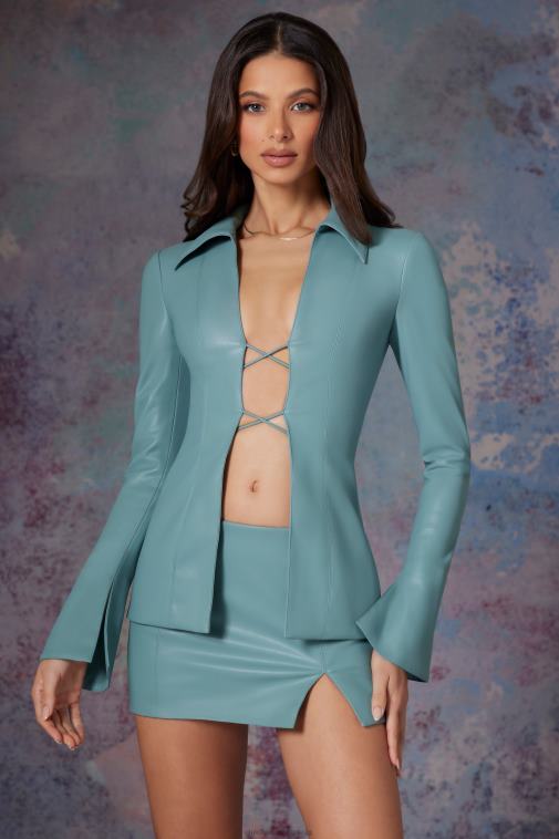 nők Oh Polly világos kékeszöld ramona nyakkendő elöl vegán bőr ing 6F8P8626