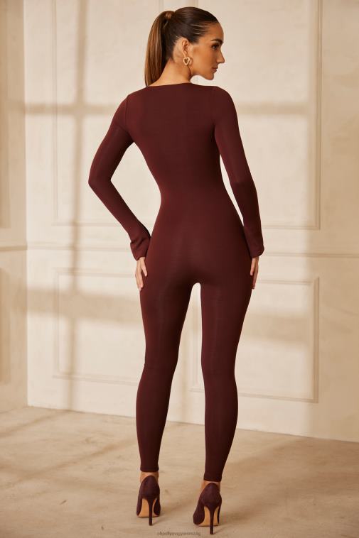 nők Oh Polly barna amata sweetheart dekoltázs hosszú ujjú jumpsuit 6F8P8784