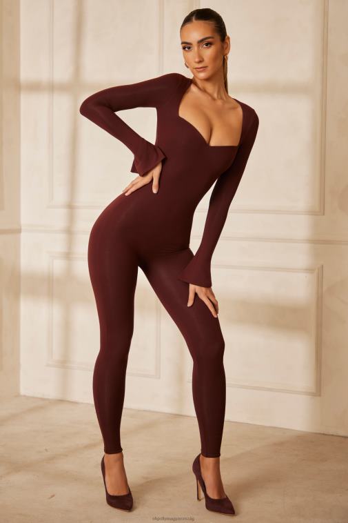 nők Oh Polly barna amata sweetheart dekoltázs hosszú ujjú jumpsuit 6F8P8784