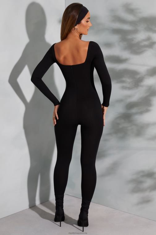 nők Oh Polly fekete delanie szögletes nyakú, hosszú ujjú jumpsuit 6F8P8764