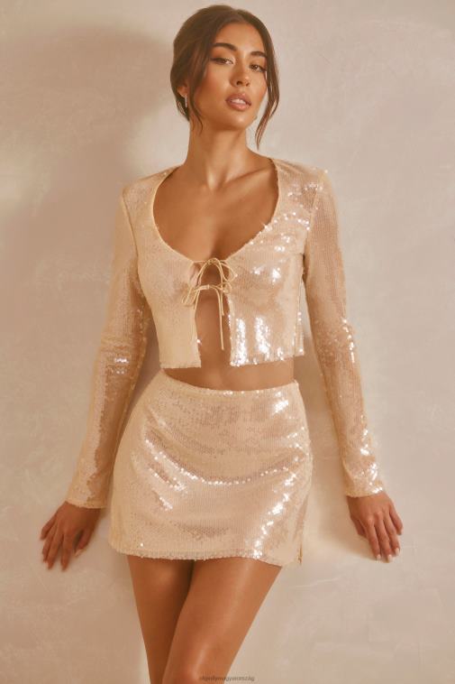 nők Oh Polly Cser nina áttetsző flitteres, hosszú ujjú megkötős elöl crop top 6F8P8566