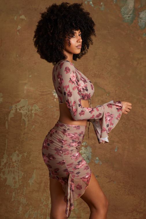 nők Oh Polly bézs nyomat feryal nyakkendő elöl crop top 6F8P8628