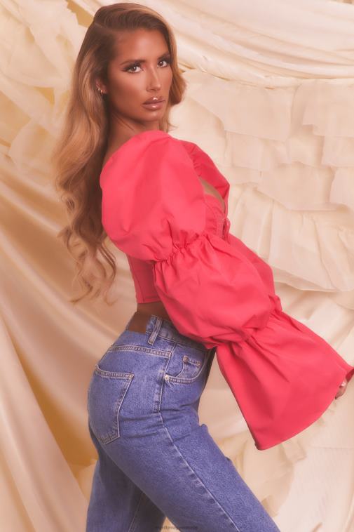 nők Oh Polly dögös rózsaszín mennyből küldött puff sleeve fűzős crop top 6F8P8699