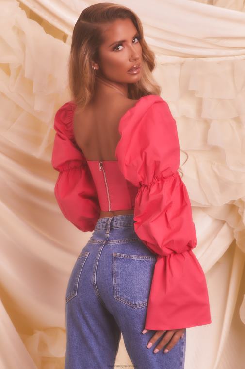 nők Oh Polly dögös rózsaszín mennyből küldött puff sleeve fűzős crop top 6F8P8699
