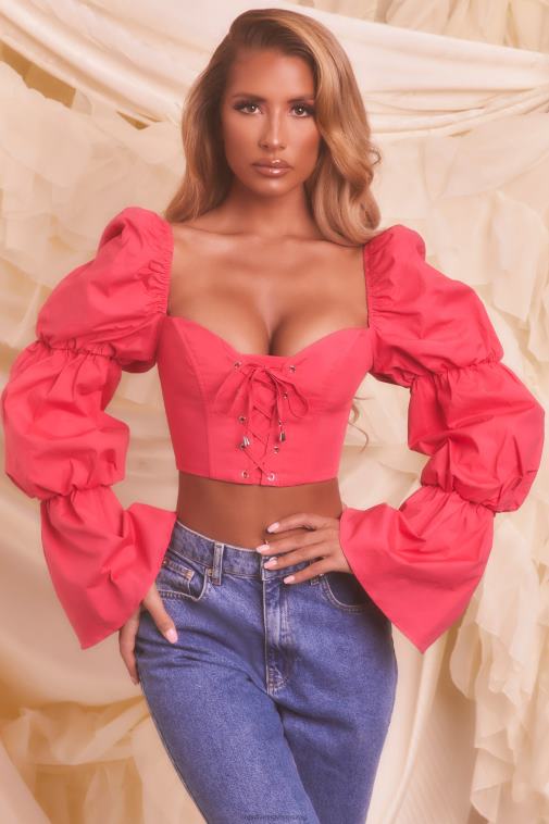 nők Oh Polly dögös rózsaszín mennyből küldött puff sleeve fűzős crop top 6F8P8699