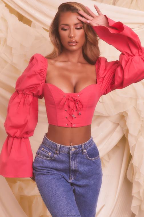 nők Oh Polly dögös rózsaszín mennyből küldött puff sleeve fűzős crop top 6F8P8699