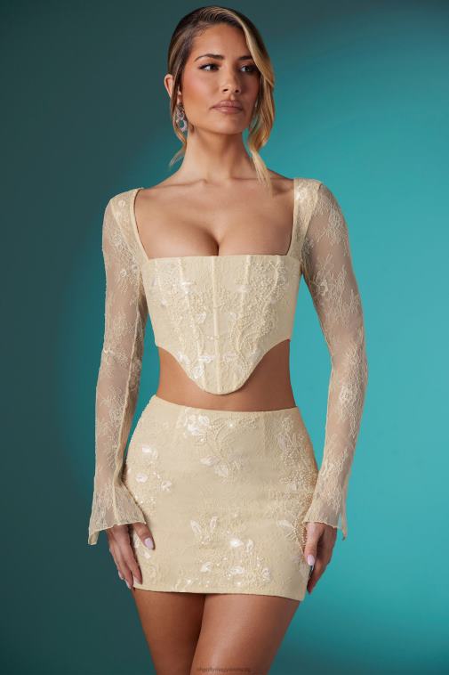 nők Oh Polly elefántcsont neve hosszú ujjú díszített csipkefűző crop top 6F8P8621