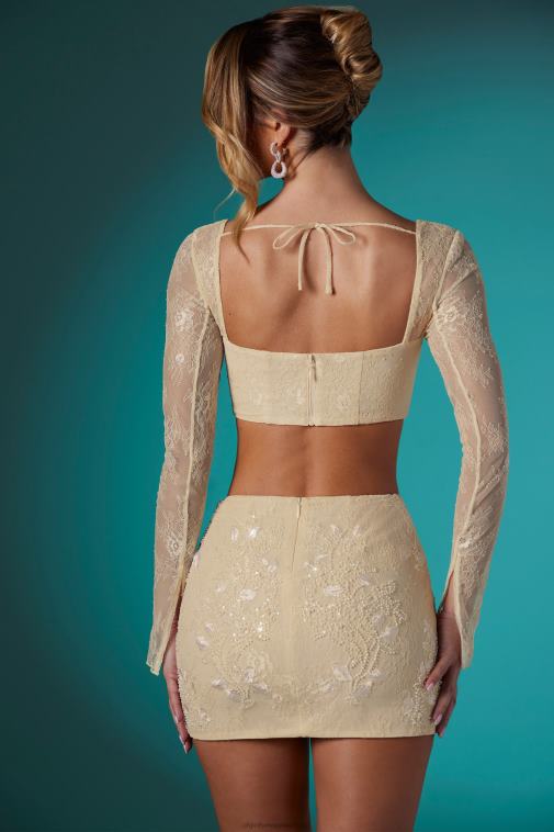 nők Oh Polly elefántcsont neve hosszú ujjú díszített csipkefűző crop top 6F8P8621