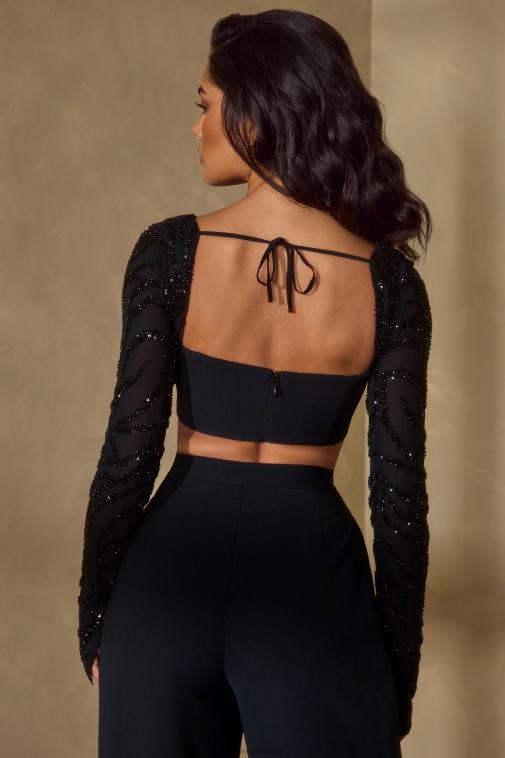 nők Oh Polly fekete astra díszített ujjú fűző crop top 6F8P8601