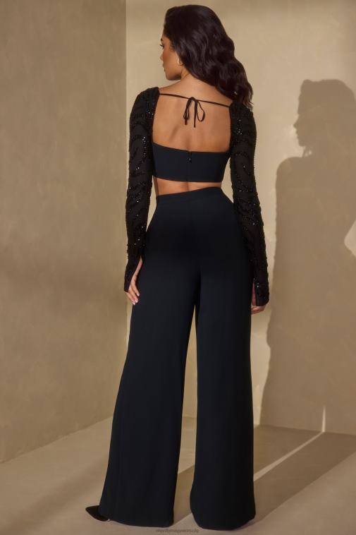 nők Oh Polly fekete astra díszített ujjú fűző crop top 6F8P8601
