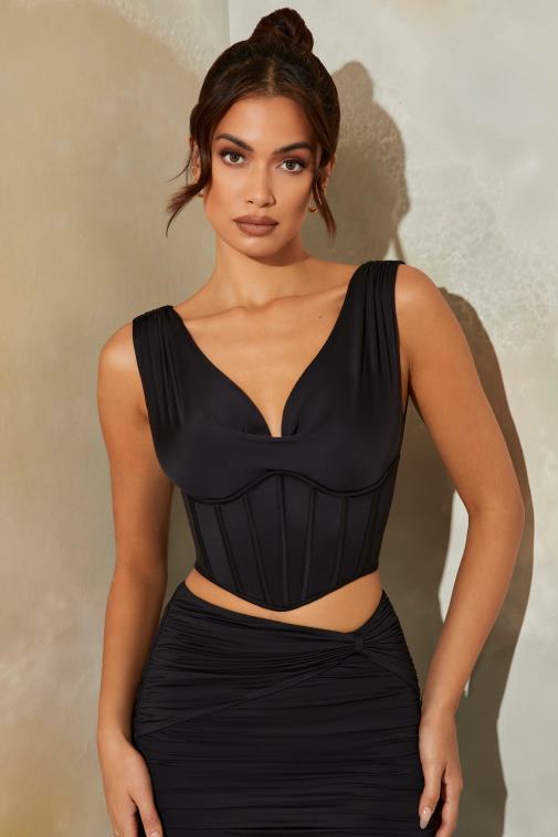 nők Oh Polly fekete haze plunge neck fűző crop top 6F8P8680
