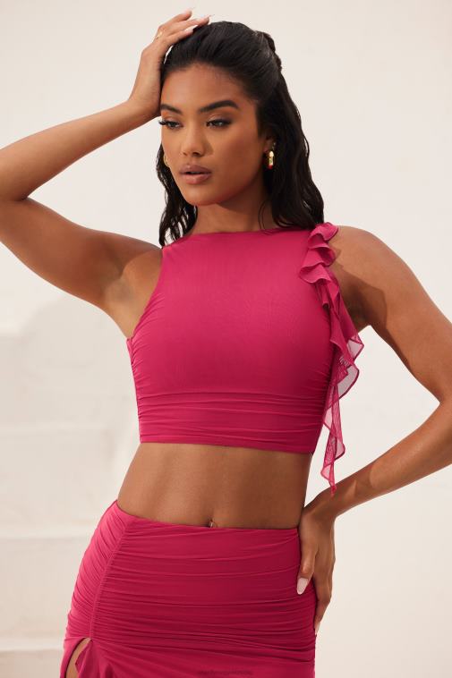 nők Oh Polly fukszia verbéna nyitott hátú dörzsölt fodros crop top 6F8P8569