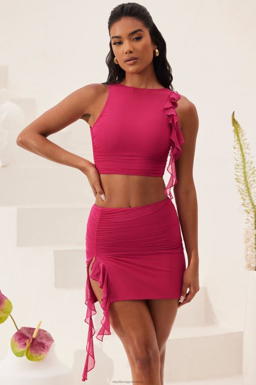nők Oh Polly fukszia verbéna nyitott hátú dörzsölt fodros crop top 6F8P8569