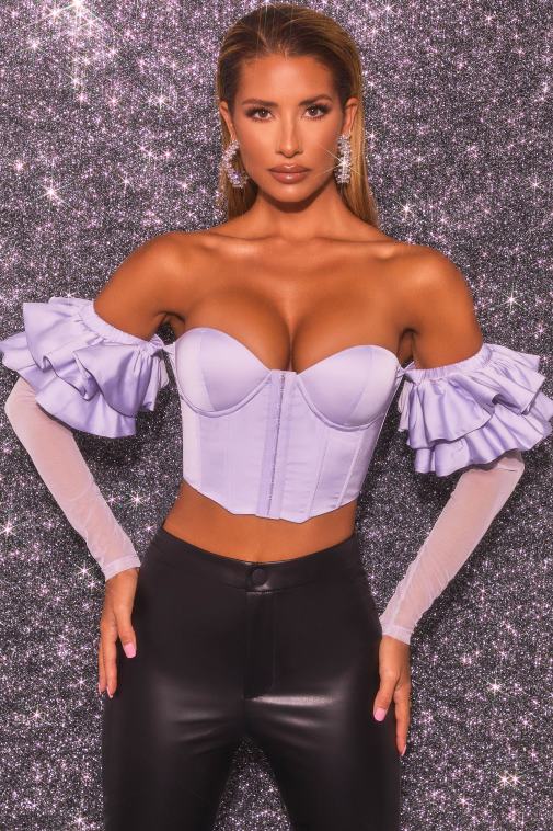 nők Oh Polly halványlila love charm bardot hosszú fodros ujjú fűző crop top 6F8P8685
