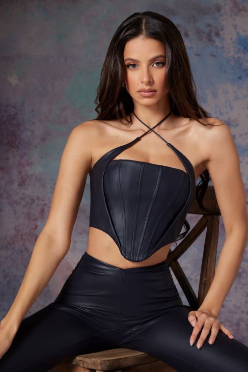 nők Oh Polly éjfekete amdis vegán bőr fűzős crop top 6F8P8624