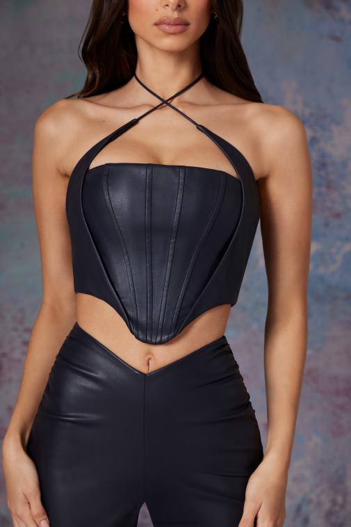 nők Oh Polly éjfekete amdis vegán bőr fűzős crop top 6F8P8624