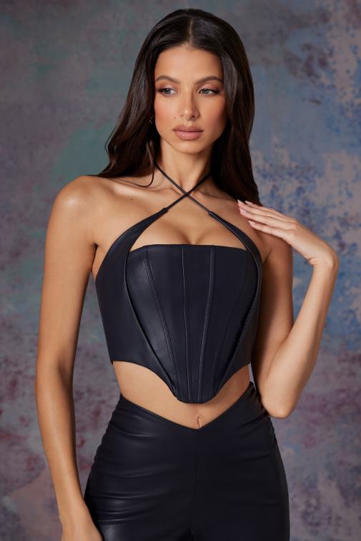 nők Oh Polly éjfekete amdis vegán bőr fűzős crop top 6F8P8624
