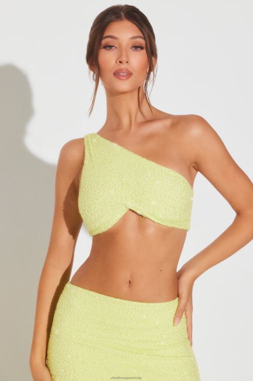 nők Oh Polly zöldcitrom zöld turini díszítésű, egyik vállcsomóval díszített crop top 6F8P8568