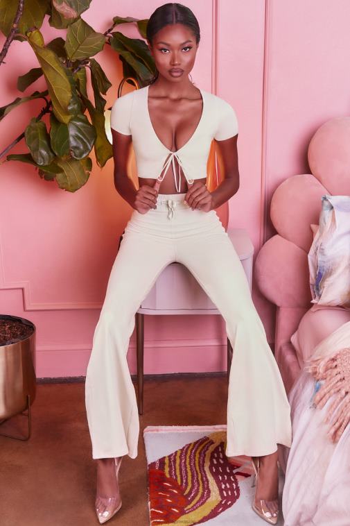 nők Oh Polly krém visszafektetett vékony, széles szárú nadrág 6F8P8850