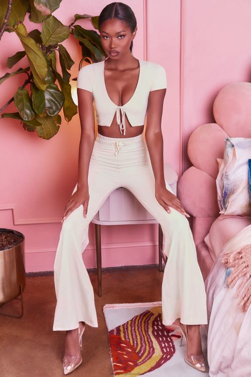 nők Oh Polly krém visszafektetett vékony, széles szárú nadrág 6F8P8850