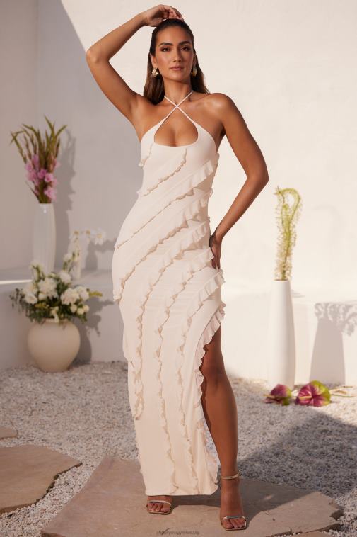 nők Oh Polly elefántcsont kalikó keresztpántos fodros földig érő ruha 6F8P818