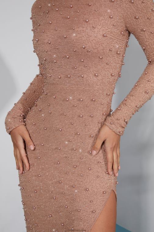 nők Oh Polly bézs bécsi hosszú ujjú, díszített, hát nélküli maxiruha 6F8P8231