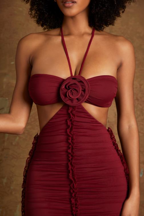 nők Oh Polly bor aergul kivágott midaxi ruha virágos részletekkel 6F8P8291