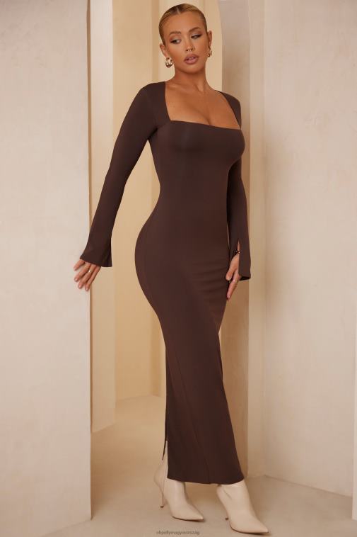 nők Oh Polly csokoládé gelisa szögletes nyakú, hosszú ujjú maxiruha 6F8P8270
