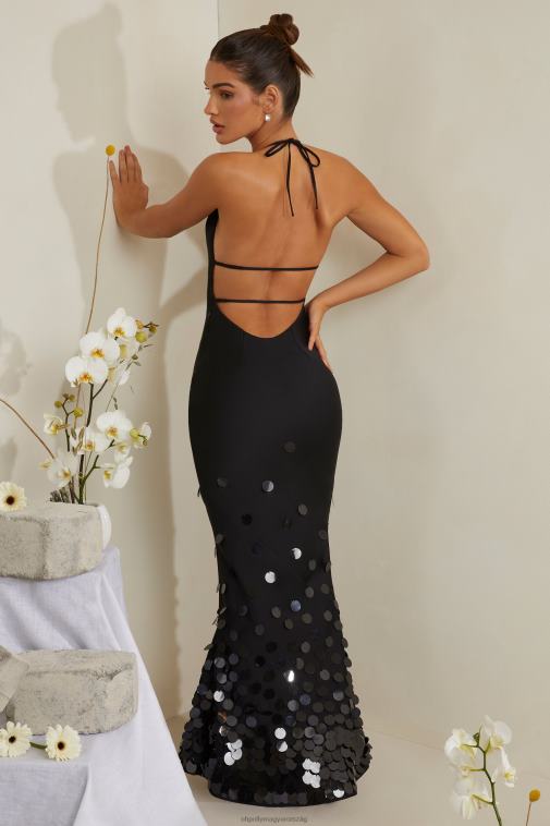 nők Oh Polly fekete magnólia burkolatú nyakú, díszített szatén maxiruha 6F8P8217