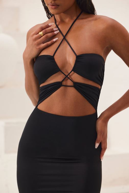 nők Oh Polly fekete oceane kivágott kötőfék nyakú földig érő maxi ruha 6F8P821