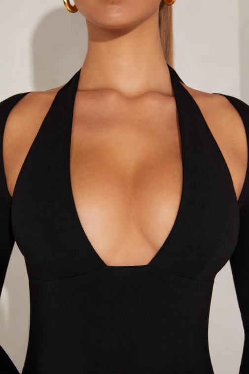 nők Oh Polly fekete odelle hosszú ujjú, merülő nyakú maxiruha 6F8P8279