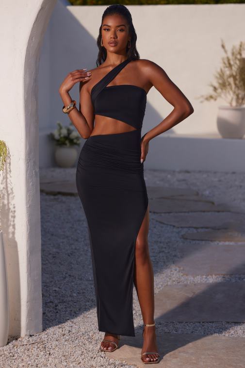 nők Oh Polly fekete suvi aszimmetrikus nyakkivágású, domború kivágású maxiruha 6F8P823