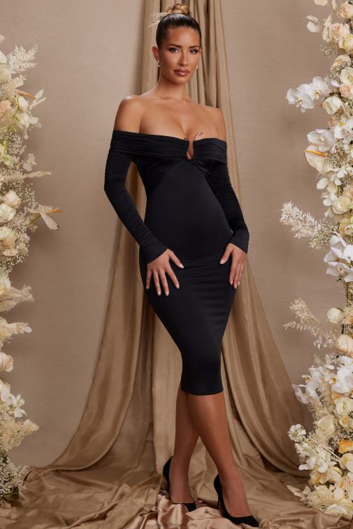 nők Oh Polly fekete brigette hosszú ujjú bardot dekoltázs midi ruha 6F8P886