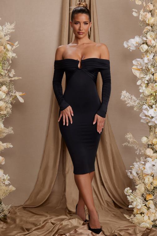 nők Oh Polly fekete brigette hosszú ujjú bardot dekoltázs midi ruha 6F8P886