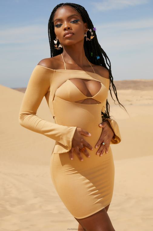 nők Oh Polly bézs meleg homok le a válláról kivágott mini ruha 6F8P8183