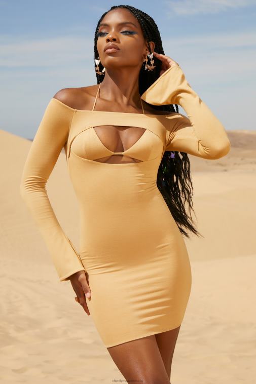 nők Oh Polly bézs meleg homok le a válláról kivágott mini ruha 6F8P8183