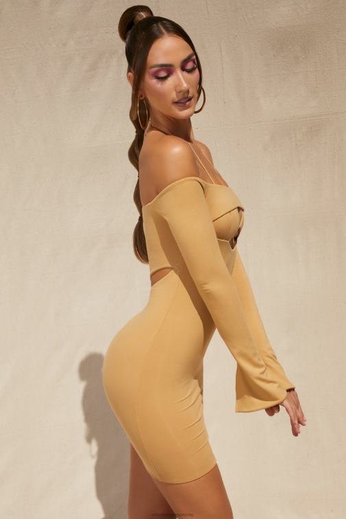 nők Oh Polly bézs meleg homok le a válláról kivágott mini ruha 6F8P8183