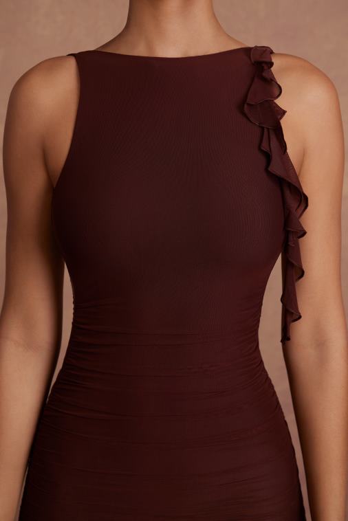 nők Oh Polly barna iolanda hát nélküli fodros részletező miniruha 6F8P876