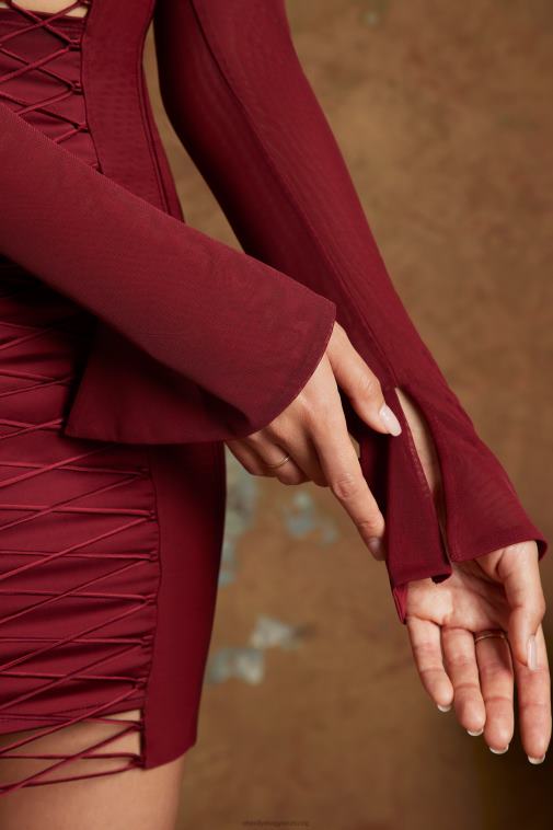 nők Oh Polly bor belkis hosszú ujjú fűzős fűzős mikro mini ruha 6F8P8287