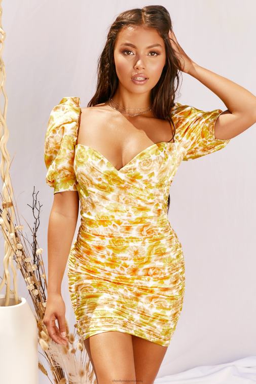 nők Oh Polly citrom ahol a szerelem növekszik puff ujjú bepakolás elöl mini ruha 6F8P8521