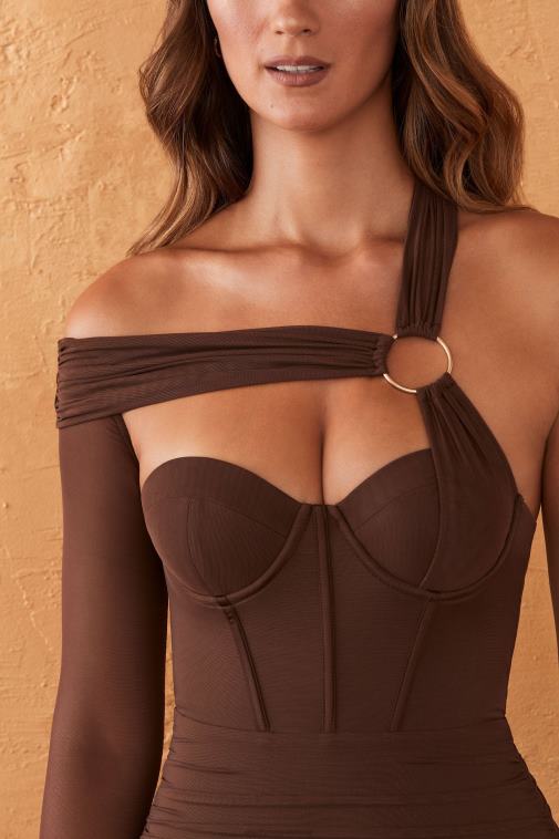 nők Oh Polly csokoládé hiranur egy váll fűzős mini ruha 6F8P8293