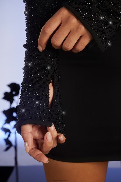 nők Oh Polly fekete Mayfair díszített hosszú ujjú kivágott mini ruha 6F8P8165