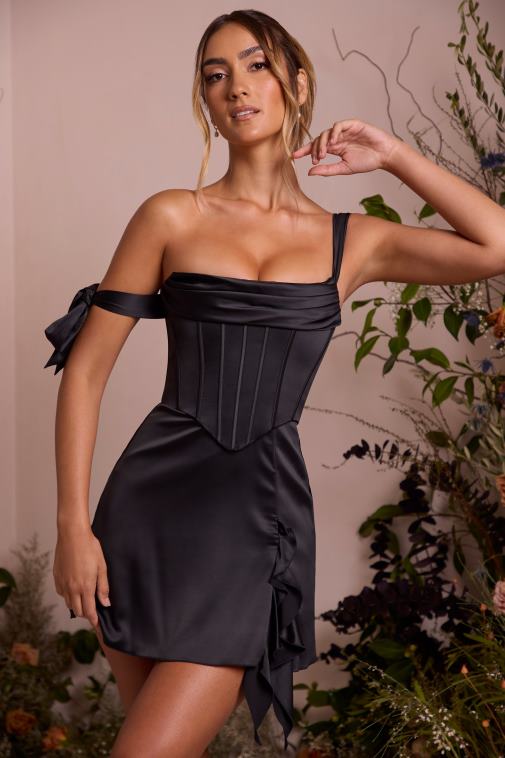 nők Oh Polly fekete lilou off váll fűző mini ruha 6F8P8258