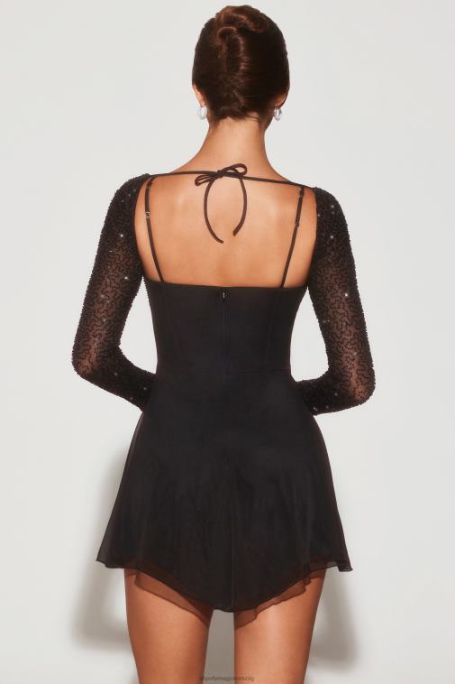 nők Oh Polly fekete nápolyi díszítésű, hosszú ujjú, ferde szegélyű miniruha 6F8P810