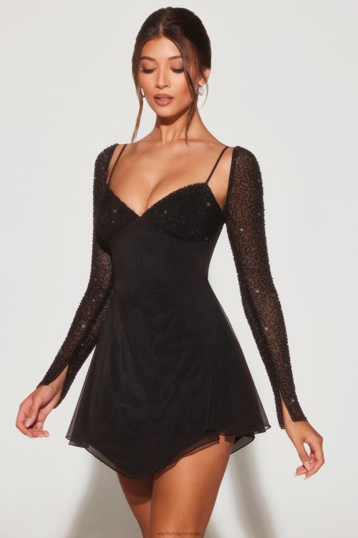 nők Oh Polly fekete nápolyi díszítésű, hosszú ujjú, ferde szegélyű miniruha 6F8P810