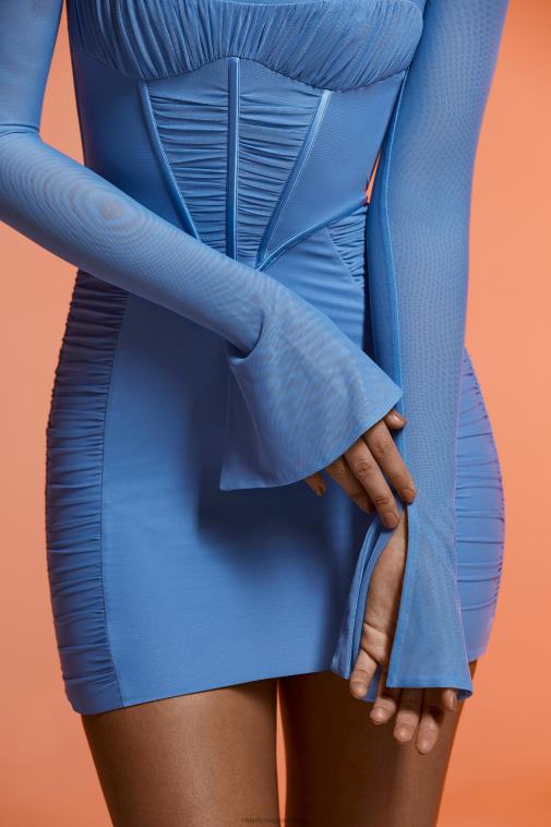 nők Oh Polly kék tasnim hosszú ujjú, rovátkolt miniruha 6F8P8168