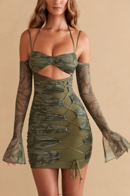 nők Oh Polly olíva nyomat asli hosszú ujjú paneles miniruha 6F8P8321